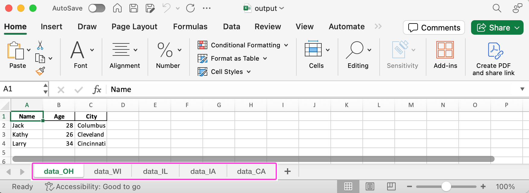 the preview of the output Excel file